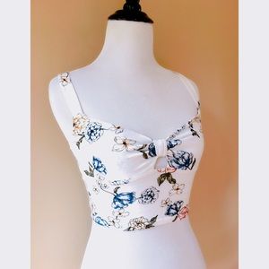 Garage White Floral Bow Cut Bustier Crop Tank Top